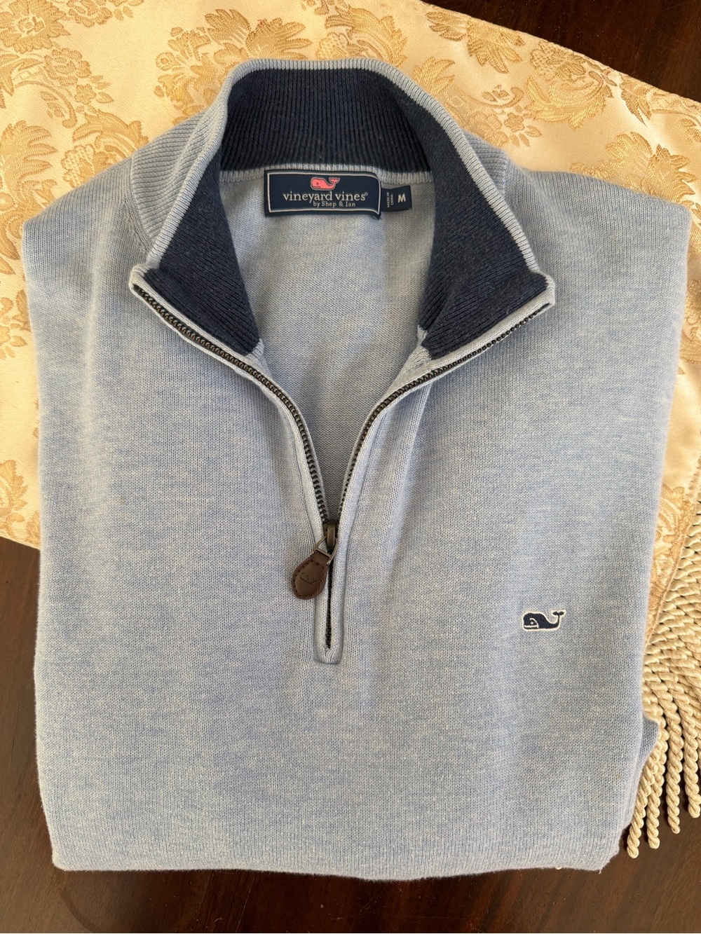 Vineyard Vines Light Blue Quarter-Zip Sweater with Navy Trim